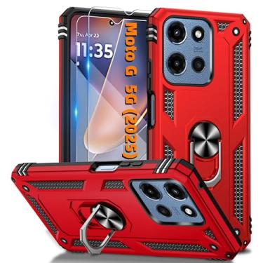 Imagem de Capa para Motorola Moto G 5G 2025 com 2 peças de protetor de tela HD, suporte de anel magnético com capa de celular resistente, capa protetora para Moto G 5G 2025, vermelha