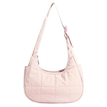 Imagem de Bolsa de ombro pequena crescente para mulheres, bolsas acolchoadas de nylon, bolsas casuais, bolsa fofa, com alça ajustável, rosa, One Size