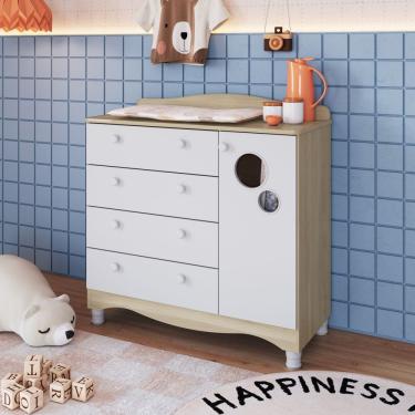 Imagem de Cômoda Infantil 4 Gavetas 1 Porta com Pés Encanto Completa Móveis - Carvalho com Branco