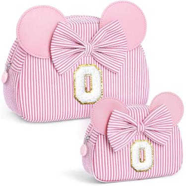 Imagem de QLOVEA Presentes de Natal para netos, bolsa de cosméticos inicial, bolsa de maquiagem de viagem, presentes de aniversário personalizados para crianças, rosa, O