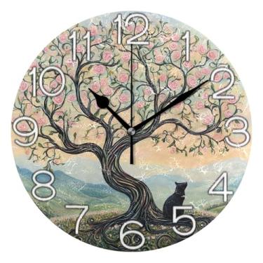 Imagem de Relógio de parede analógico decorativo gato rosa pastel quarto cozinha relógio operado por bateria silencioso, arte de parede moderna legal decoração de casa, 25 cm, ponteiros pretos