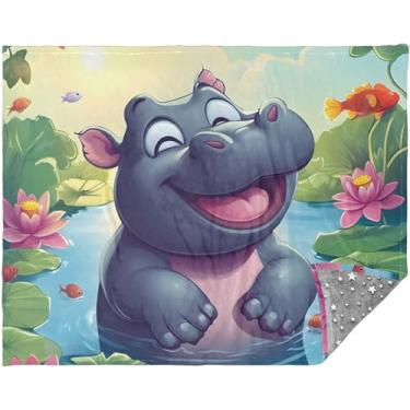 Imagem de Cobertores macios personalizados de hipopótamo de lótus floral para sofá 177,8 cm x 139,7 cm cobertores xadrez para mulheres cobertores fofos de animais