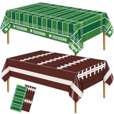 Imagem de SpinLaLa Conjunto de 2 peças de toalha de mesa de plástico de futebol de 137 x 272 cm – Capas de mesa retangulares descartáveis de futebol verde e marrom para dia de jogo, porta traseira e festas com