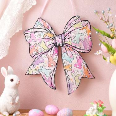 Imagem de RattanView Arco de páscoa placa de madeira colorido coelho coquete arco pendurar na parede bonito arte de parede laço sinal de porta de boas-vindas decoração feminina para quarto faculdade apartamento