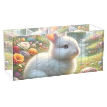 Imagem de TSENQUE Porta-lápis de mesa de acrílico floral animal coelho primavera prado bonito copo de lápis personalizado organizador de artigos de papelaria arte marcador de papel estetica decoração de