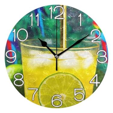 Imagem de GAIGEO Relógio de parede amarelo rum coquetel lima analógico decorativo relógio de cozinha rústico estético silencioso sem tique-taque, decoração de parede de casa de fazenda moderna, 25 cm, ponteiros