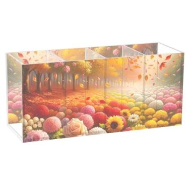 Imagem de TSENQUE Suporte de lápis de mesa de acrílico com flores decorativas, folhas de outono, suporte de caneta, porta-copos, organizador de canetas de escritório, decoração de mesa