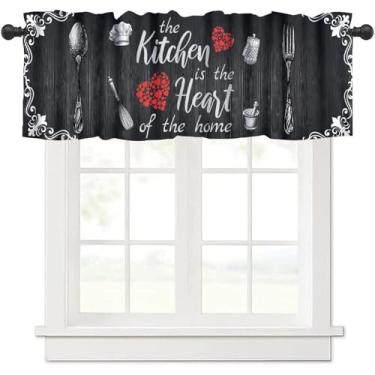 Imagem de Nsbul Saia de cozinha retrô para casa de fazenda, preto, branco, vintage, garfo, colher, coração, fazenda, cortina curta para sala de jantar, quarto, sala de estar, restaurante, café, decoração de