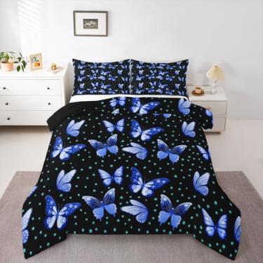 Imagem de Erosebridal Conjunto de cama solteiro de borboleta azul, preto, elegante, aquarela, ombré, borboletas, para mulheres, adultos, meninas, quarto, estrela, edredom