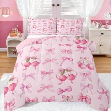 Imagem de jejeloiu Conjunto de cama com laço rosa cereja macio para meninos e meninas, lindo conjunto de edredom com laço de fita de seda, tamanho solteiro, com estampa de princesa, edredom kawaii, sonhador
