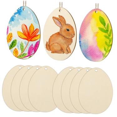Imagem de Veemoon 20 peças de ornamentos pendurados em forma de ovo de madeira design vazado para enfeites de festa para decoração de festival em casa com corda