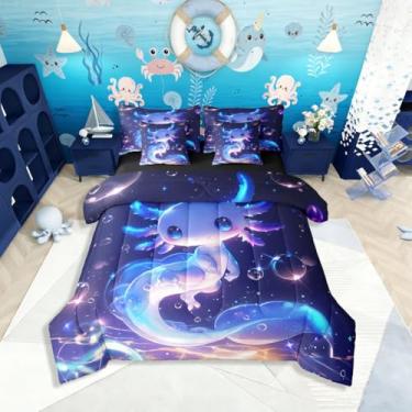 Imagem de Axolote infantil com desenho animado de 7 peças, solteiro, cama de salamandra fofa em uma bolsa, conjunto de cama de animal marinho inclui edredom, conjunto de lençol, fronhas e fronhas, decoração de