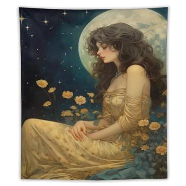 Imagem de Tapeçaria sonhadora lua cheia cabelo encaracolado menina em vestido dourado arte de parede boho celestial decoração de quarto cena noturna romântica suave com flores silvestres amarelas e céu