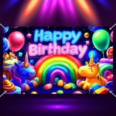 Imagem de BlissYard Banner neon feliz aniversário brilhante decoração festa fundo 188 x 109 centímetros arco-íris unicórnio balões doces design para crianças aniversário cabine foto pano de fundo suprimentos
