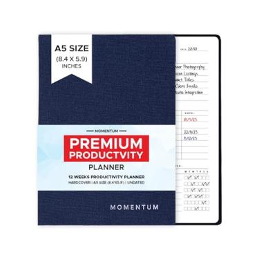 Imagem de Momentum – Kit de planejador de produtividade diário, semanal, mensal | Agenda tamanho A5 azul marinho sem data | Diário de 192 páginas + adesivos motivacionais + cartão postal motivacional | Capa de