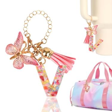 Imagem de Rabrgab Chaveiro com letra inicial pingente para copo Stanley com alça de copo, mochila feminina para meninas, bolsa de mão, acessórios para bolsa Bogg Borboleta rosa V