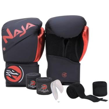 Imagem de Luva de Boxe/Muay Thai Naja Extreme + Bandagem + Protetor Bucal + Bandagem Extra Sortida (Preto/Vermelho, 10 OZ)