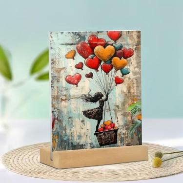 Imagem de Menina flutuante com balões de coração cesta grunge parede acrílico decoração de mesa (15 x 9,9 cm) - escolha de presente ideal para decoração de casa em sala de estar ou escritório