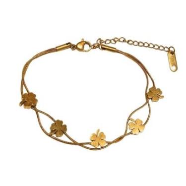 Imagem de Pulseira Feminina 5 Trevos 17-23cm ajustável Aço Inoxidável 316L Dourada-Feminino