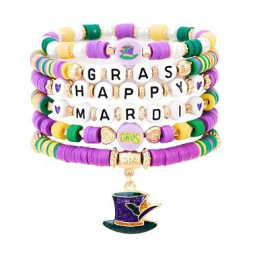 Imagem de coadipress Pulseiras femininas de carnaval de argila de polímero Heishi pulseira elástica máscara flor de lis, joias de férias de carnaval, Middle, Liga de aço, Sem Pedra Preciosa