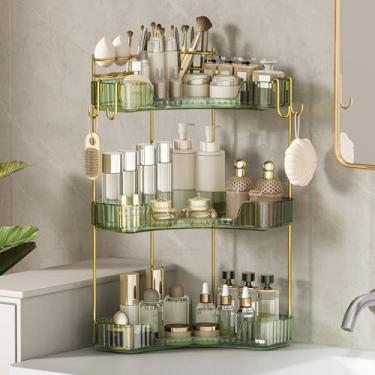 Imagem de Organizador de balcão de banheiro de canto de 3 camadas, prateleira de maquiagem e cuidados com a pele com suporte de escova embutido, organizador de bancada de banheiro que economiza espaço para