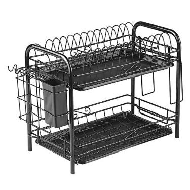 Imagem de Rack de Secagem Pratos Aço Carbono Anticorrosivo 2 Andares Organizador Multifuncional Prateleira com Drenagem Ganchos Porta-Utensílios