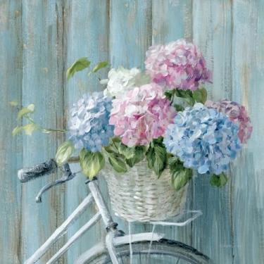 Imagem de Goldfoilart Decoração de parede de flores coloridas 61 cm x 61 cm - Design de hortênsias e bicicleta, pintura elegante para sala de estar, quarto, sala de jantar, escritório, cozinha, arte de casa