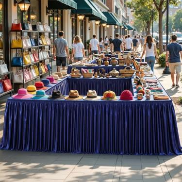 Imagem de Saia de mesa de cetim azul marinho de 4,7 m com elastano brilhante para mesas retangulares/redondas, saia de mesa plissada com babados, sem rugas para cozinha doméstica, mesa de dormitório de festa de