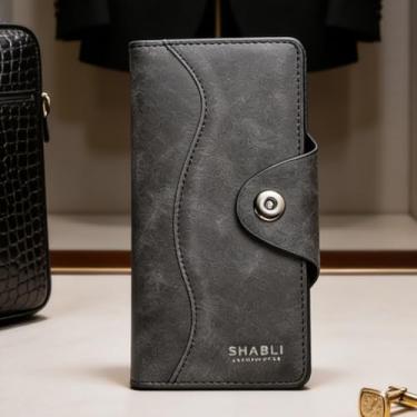 Imagem de Carteira masculina, fecho magnético retrô estilo europeu de couro longo, dobrável em três dobras, organizador multifuncional com vários compartimentos para cartões e bloqueio RFID (preto)