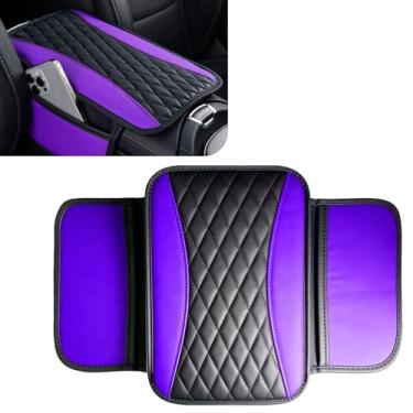 Imagem de SWQS Capa de console central de couro patchwork, capa de apoio de braço de carro atualizada com 2 sacos de armazenamento, capas universais de descanso de braço para carro, acessórios internos de