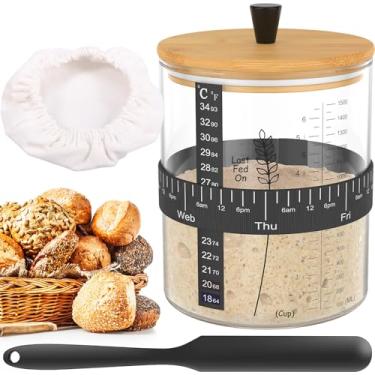 Imagem de Kit iniciante de massa fermentada de vidro borossilicato 1,5 l Kit inicial de pão de massa fermentada de grande capacidade com tampa de bambu para fermentação (1 peça)