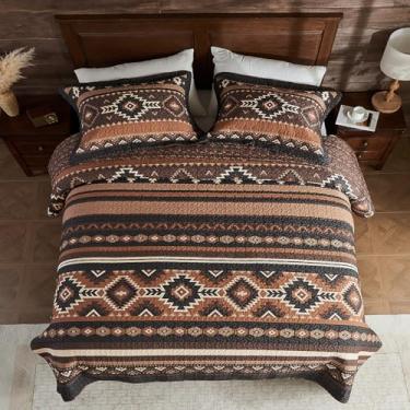 Imagem de SahSahCasa Conjunto de colcha King, 100% algodão, conjunto de edredom king, colcha acolchoada listrada asteca, conjunto de cama king, reversível e leve para todas as estações, marrom/preto, 3 peças