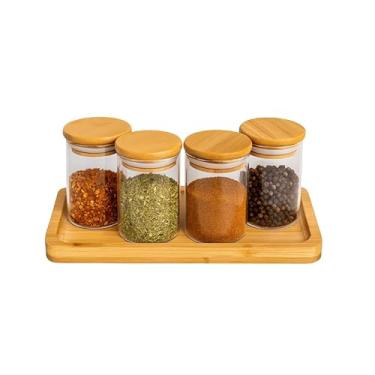 Imagem de Conjunto 4 Porta Temperos de Vidro Borossilicato com Tampa e Bandeja de Bambu 90 ml
