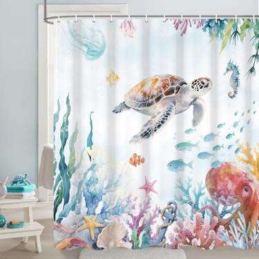 Imagem de GCIREC Cortina de chuveiro tartarugas marinhas, colorido náutico costeiro oceano praia tema bonito tartarugas marinhas cortina de banheiro decoração de banheira tecido impermeável lavável na máquina