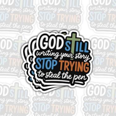 Imagem de 3 adesivos God Still Writing Your Story Stop Trying to Steal The Pen, decalques de vinil com citação da Bíblia inspiradora cristã para laptop, garrafa de água, caderno, carro, amantes da fé e crentes