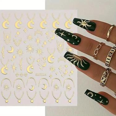 Imagem de Adesivos de unhas de sol lua estrela para mulheres, decalques de unhas a laser 3D ouro rosa adesivos de prata para suprimentos de unhas boho sol totem estrelas lua coração berloque designs