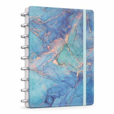 Imagem de Caderno Inteligente Universitário A4, 80 Folhas Pautadas, Capa Dura Marmorizada com Discos Metálicos, Design Luxuoso em Cores Variadas para Escola e Escritório (Marmorizado Azul)