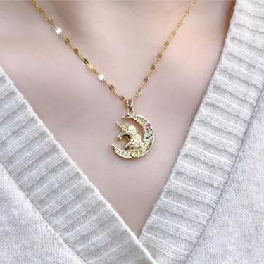 Imagem de Colar colorido com pingente de lua e unicórnio de zircônia cúbica para mulheres, banhado a ouro, moderno, pingentes de cavalo, gargantilhas, colares ajustáveis, joias delicadas de festa de aniversário