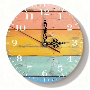 Imagem de Relógio de parede de madeira envelhecida pastel - rosa amarelo azul-petróleo Shiplap silencioso sem tique-taque decoração para quarto boho, casa de fazenda - 19 cm