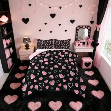 Imagem de Erosebridal Conjunto de edredom de coração rosa e preto, tamanho queen, fofo, amor, coração, para quarto de meninas, mulheres, adultos, romântico, para o dia dos namorados, edredom para todas as