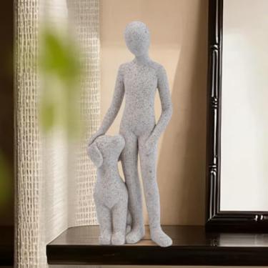Imagem de JIALINXIA Estatuetas de homem e cachorro, estátua de resina abstrata pintada à mão, escultura memorial de decoração de quarto estética para prateleira mesa de escritório