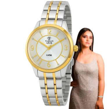 Imagem de Relógio de Pulso Tuguir Feminino Infinity Analógico Aço Inóx Casual Redondo Prata e Dourado TGI37050