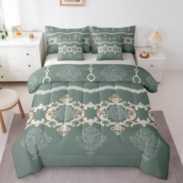 Imagem de Erosebridal Conjunto de edredom gótico damasco branco e verde, tamanho Queen, 7 peças, estilo paisley, barroco, estilo vitoriano, para meninas e adultos