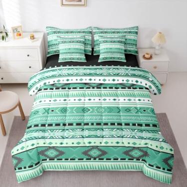 Imagem de Erosebridal Conjunto de edredom asteca Southwestern Farmhouse, branco, verde, tamanho queen, 7 peças, boêmio, caubói, caubói, tribal, adulto, conjunto de cama geométrica