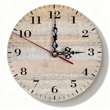 Imagem de Relógio de parede de madeira rústica silencioso sem tique-taque - decoração de casa de fazenda bege envelhecido para quarto e cozinha - acento de casa pequena operado por bateria - 19 cm