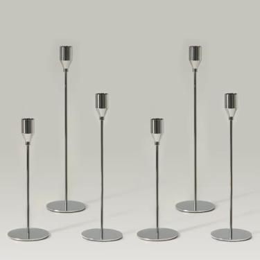 Imagem de Pickood Conjunto de 6 castiçais altos cônicos, castiçais finos longos prateados de luxo (alturas: 9/11/13 polegadas), base antiderrapante de ferro pesado para lareira manto mesa centro de mesa