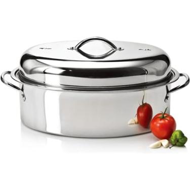 Imagem de Conjunto de assadeira de aço inoxidável premium - 3 tamanhos ovais com prateleira e tampa para vaporizador, ideal para cozinhar no forno, peru e assar frango, acabamento prateado durável