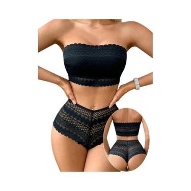 Imagem de Conjunto De Sutiã E Calcinha Sem Alças Em Renda Azul Para Festa Na Pra