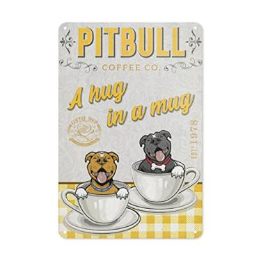 Imagem de Placa de metal - um abraço em uma caneca pôster de cachorro Pitbull placas de metal decoração de arte de parede para escritório em casa e fazenda decorações de casa de campo para sala de estar quarto