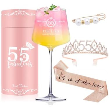 Imagem de Cyrelwing Presentes de aniversário de 55 anos para mulheres, taça de vinho vintage gravada 55, decorações de aniversário de 55 anos para ela, faixa e tiara fabulosas para mulheres, amigas, artigos de
